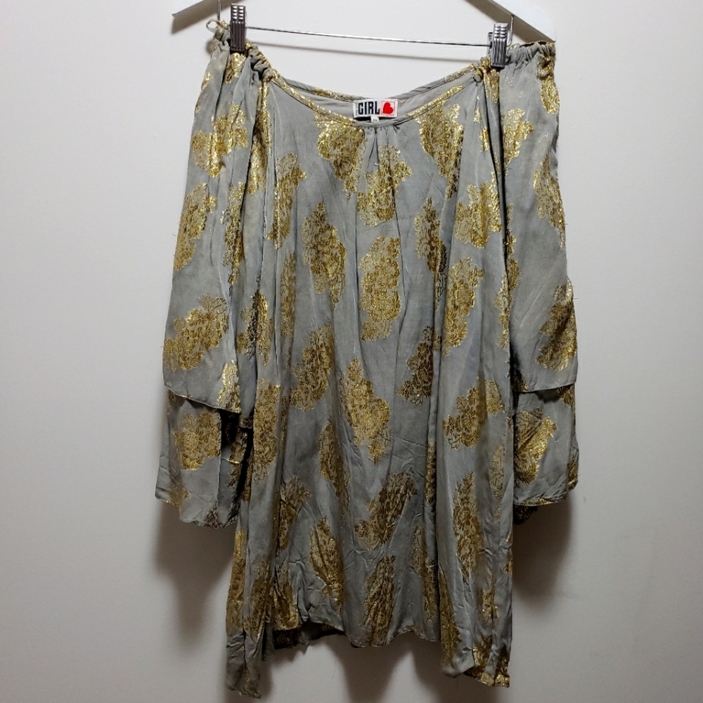 River Island Dress Bohemian Gold Thread Paisley Grey Off Shoulder Bell Arms